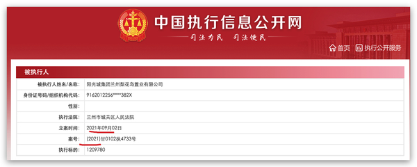 陽光城集團蘭州梨花島置業被列為被執行人，執行標的約121萬元